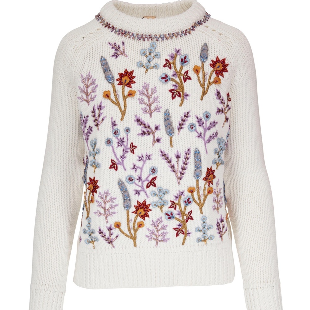 Adam Lippes Floral Embroidered Cotton Sweater in Ivory Floral.